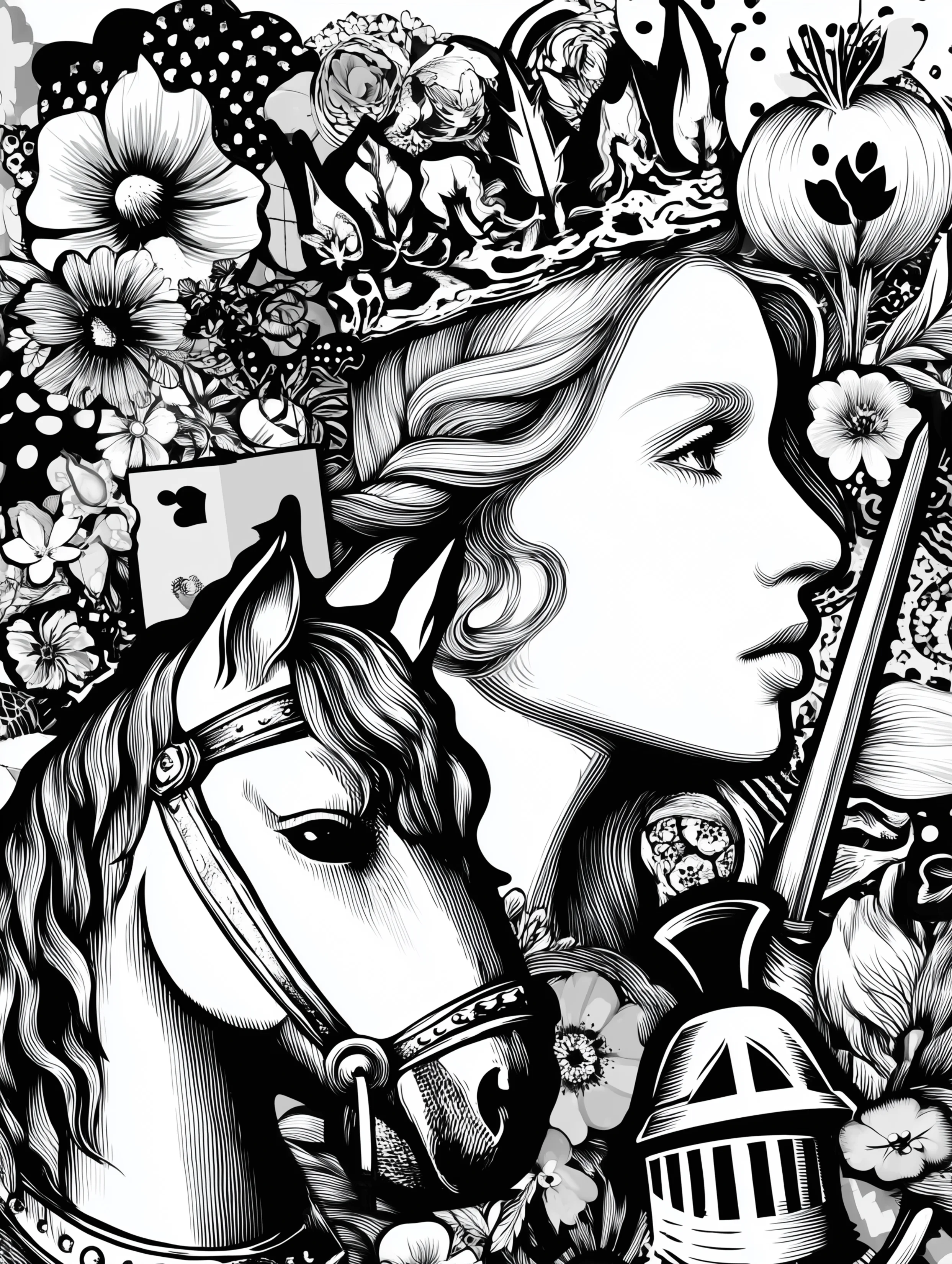 Free printable queen coloring page for adults featuring a queen profile with a horse